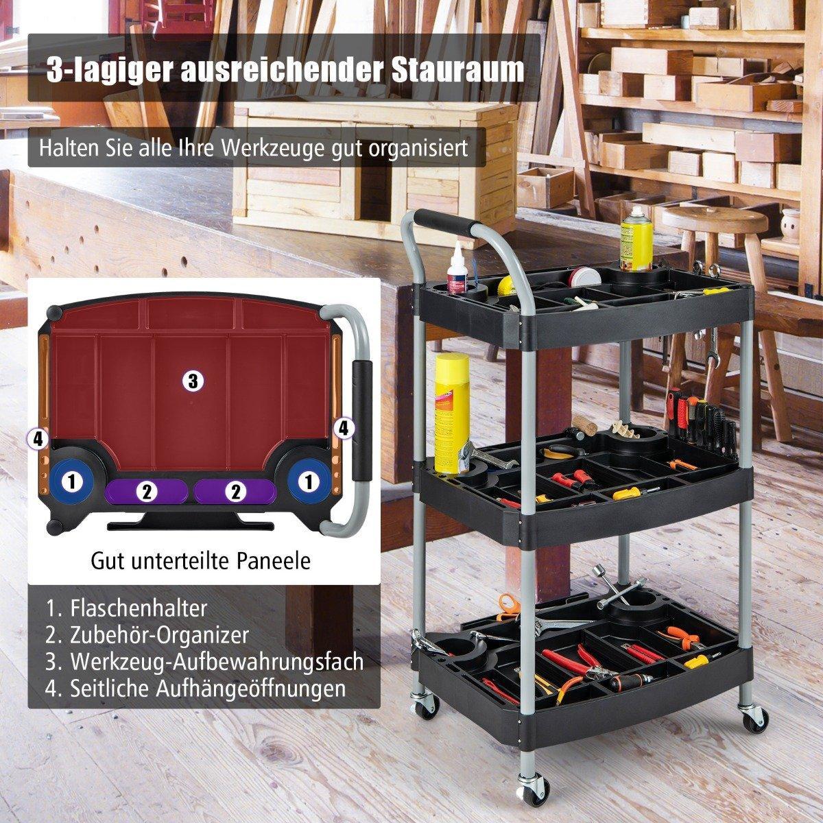 B2X Werkstattwagen Rollwagen mit 3 Etagen Werkzeugwagen mit abgetrennten Fächern 59 x 45 x 107 cm Schwarz  