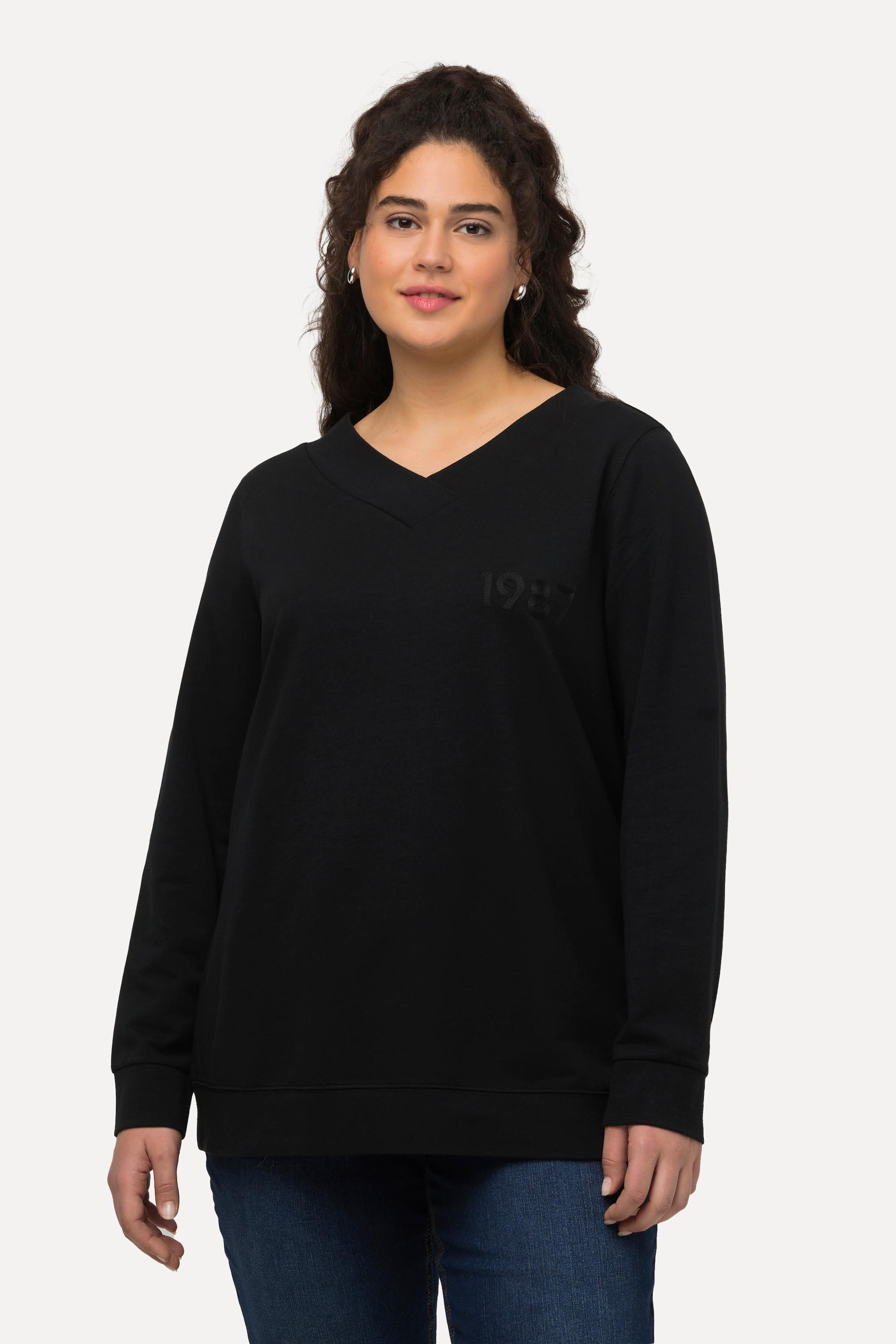 Ulla Popken  Sweatshirt, doppelter V-Ausschnitt, Stickerei, Langarm 