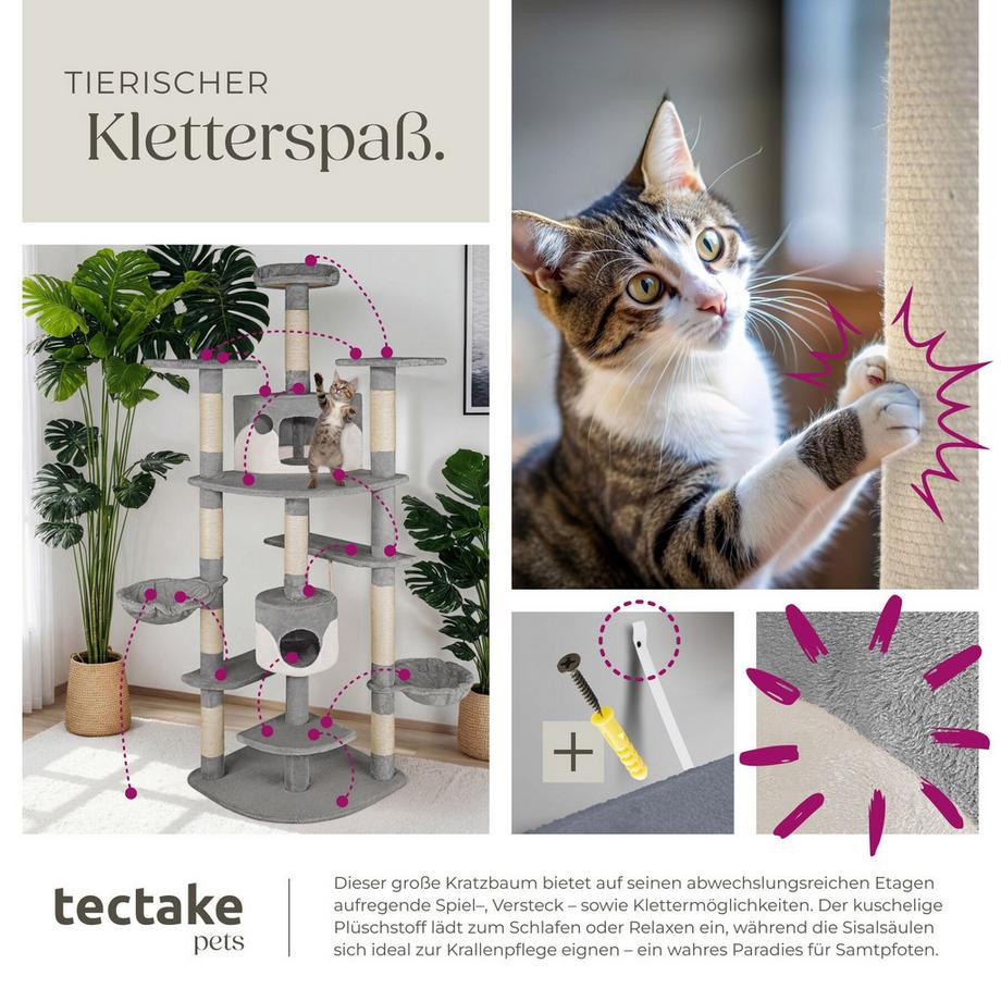 Tectake  Arbre à chat FIPPI 201 cm avec griffoir et plateforme d'escalade 