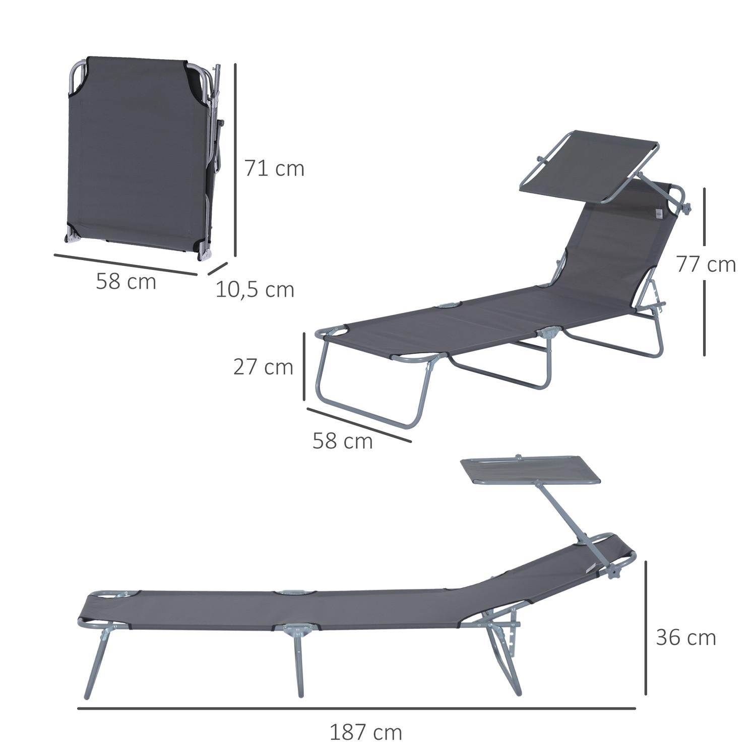 Northio Chaise longue de jardin pliante, chaise longue, chaise longue de plage avec protection solaire, gris, 187 x 58 x 36 cm  