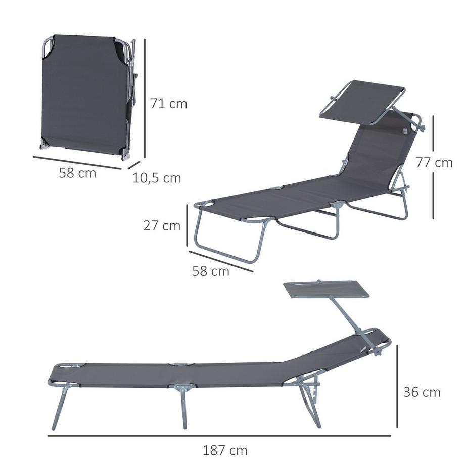 Northio Sonnenliege klappbar Gartenliege Liegestuhl Strandliege mit Sonnenschutz Grau 187 x 58 x 36 cm  