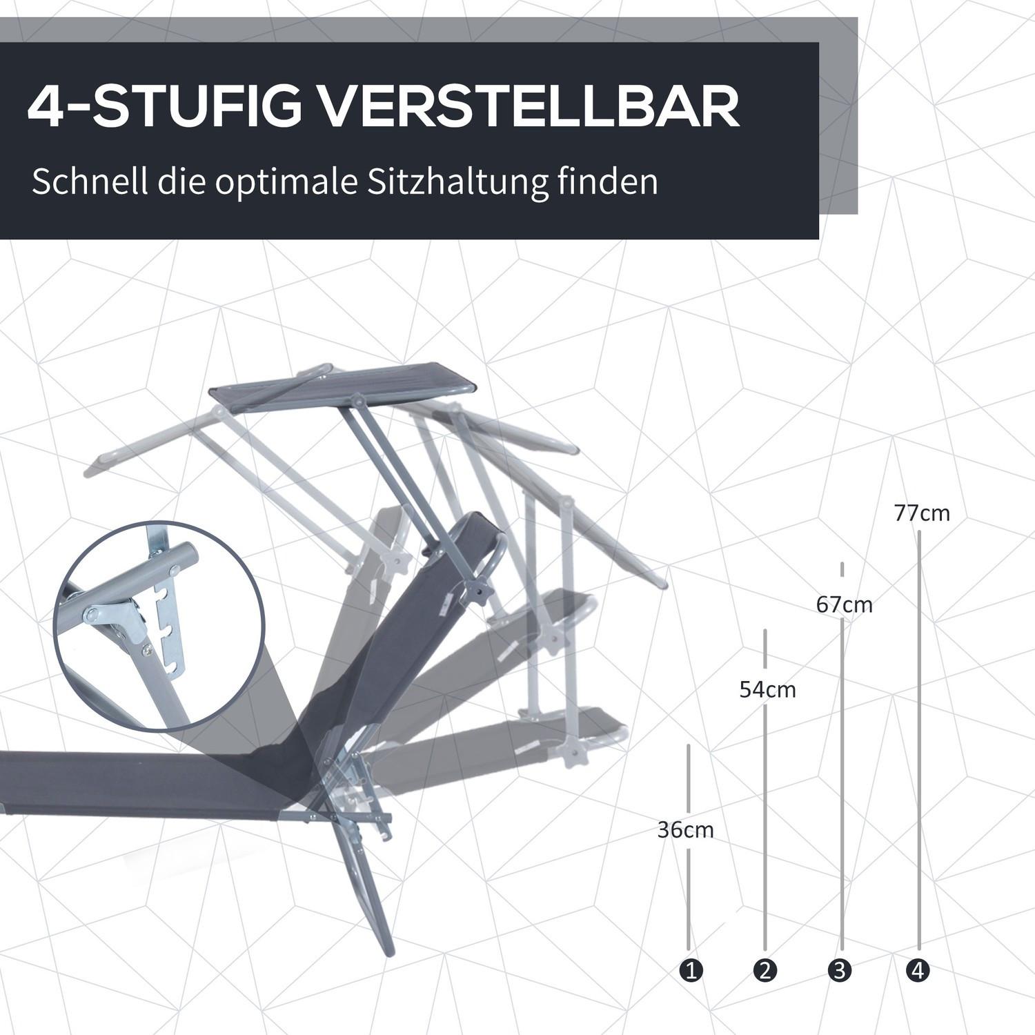 Northio Chaise longue de jardin pliante, chaise longue, chaise longue de plage avec protection solaire, gris, 187 x 58 x 36 cm  