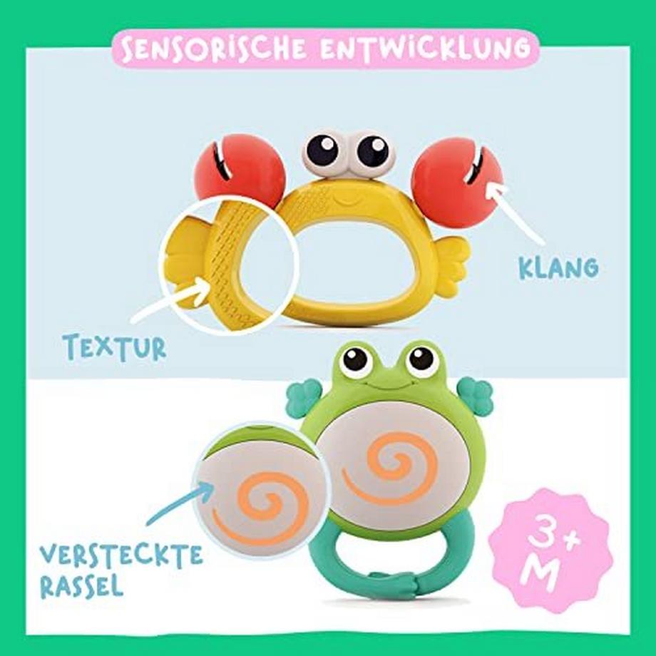 Activity-board  Set von 7 bunten Rasseln und Beißringen für Neugeborene – Sensorik-Spielzeug 