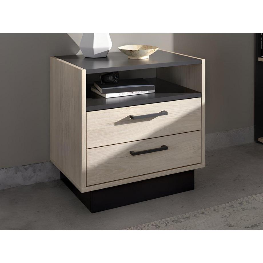 Vente-unique 2er-Set Nachttische mit 2 Schubladen & 1 Ablage - Holzfarben & Anthrazit - LEANDRE  