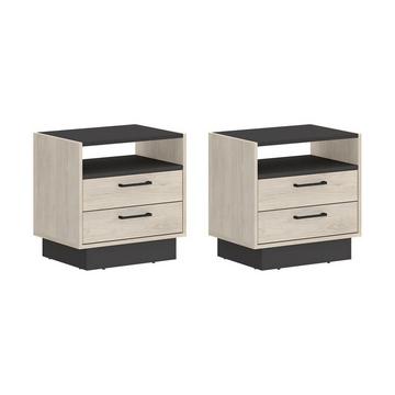 Lot de 2 tables de chevet 2 tiroirs et 1 niche - Coloris : Naturel et anthracite - LEANDRE