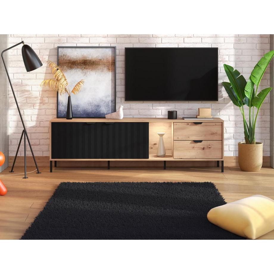 Vente-unique  TV-Möbel mit 2 Türen, 2 Schubladen & 1 Ablagefach - mit LED-Beleuchtung - Holzfarben & Schwarz - MEVIELA 