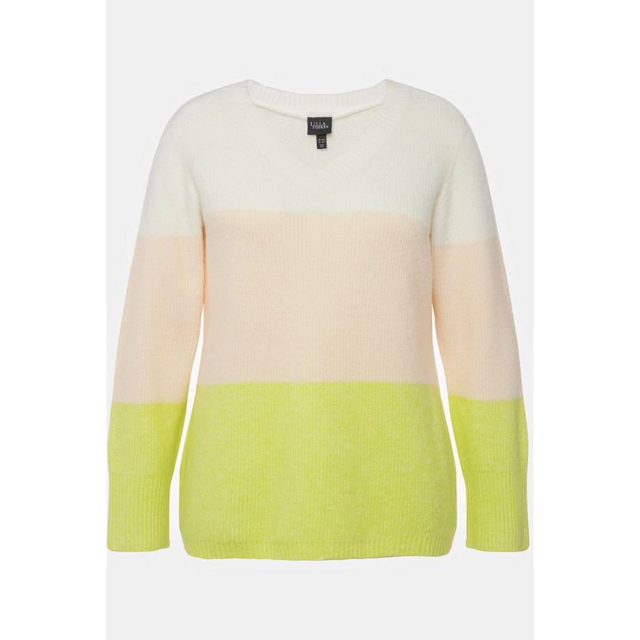 Ulla Popken Blockstreifen V-Ausschnitt Langarm Pullover  