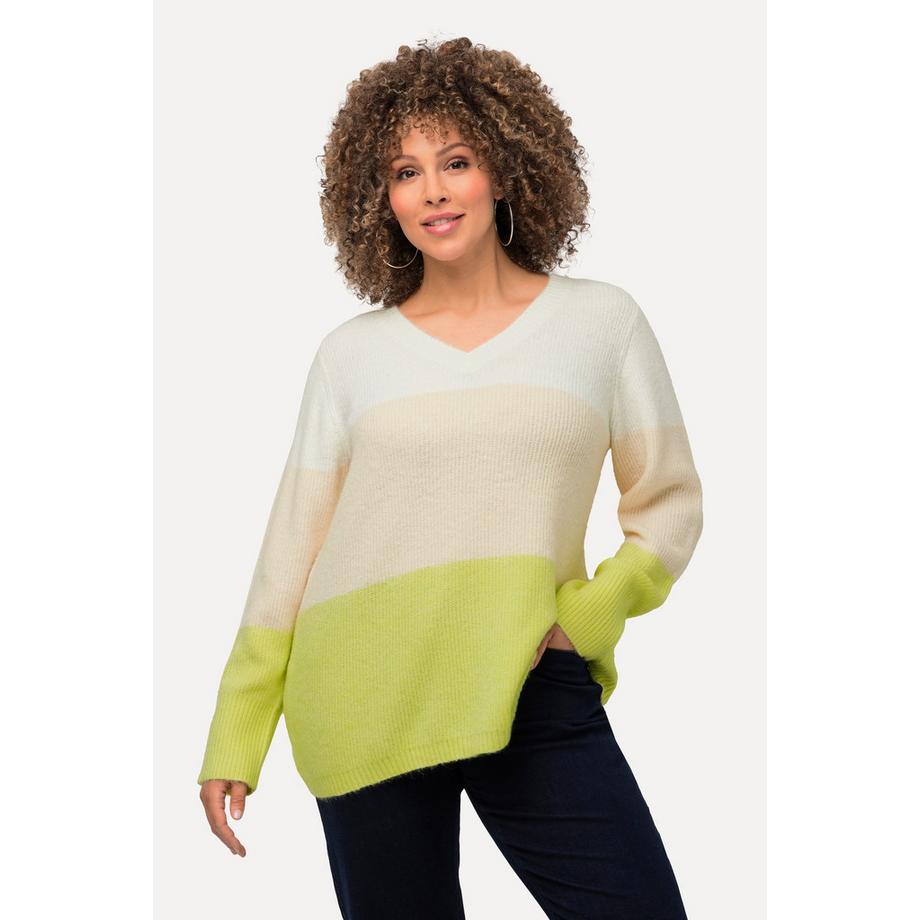 Ulla Popken Blockstreifen V-Ausschnitt Langarm Pullover  