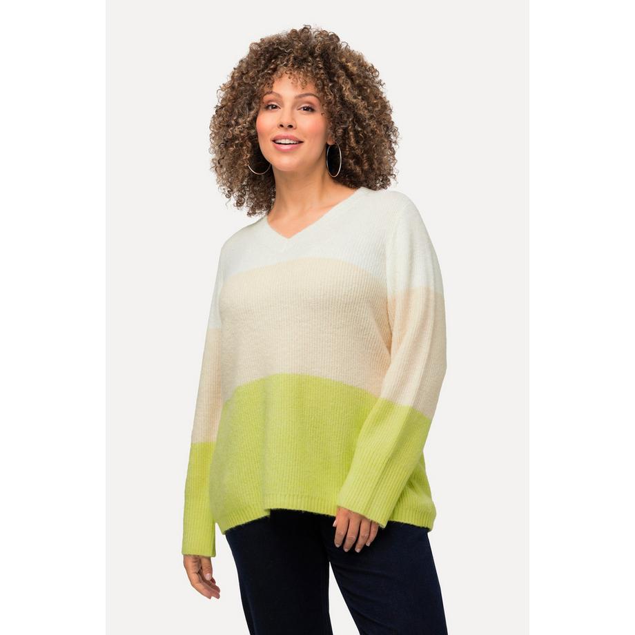 Ulla Popken Blockstreifen V-Ausschnitt Langarm Pullover  