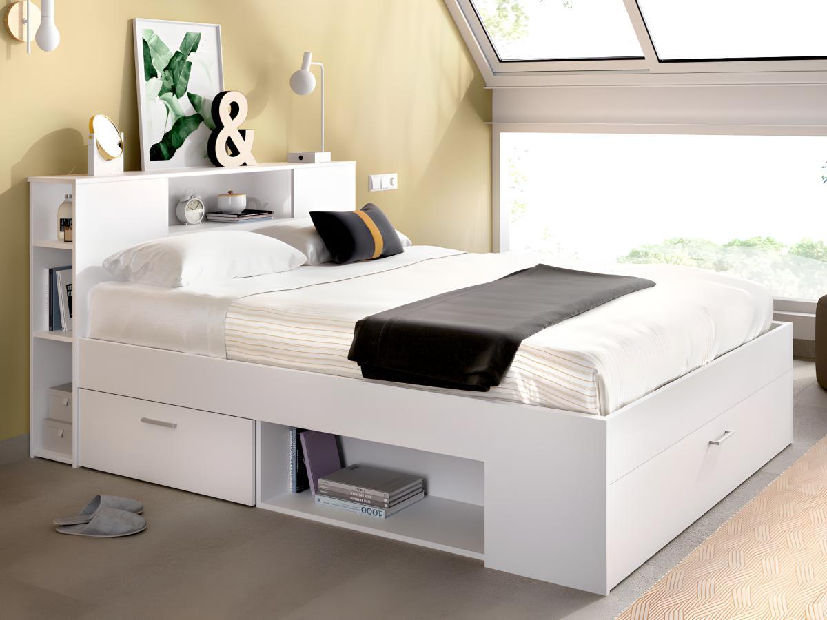 Vente-unique Letto con testata con vani portaoggetti e cassetti 140 x 190 cm: Bianco + Rete + Materasso LEANDRE  