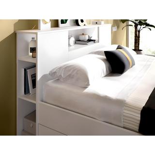 Vente-unique Lit avec tête de lit rangements et tiroirs - 140 x 190 cm - Coloris : Blanc + Sommier + Matelas - LEANDRE  