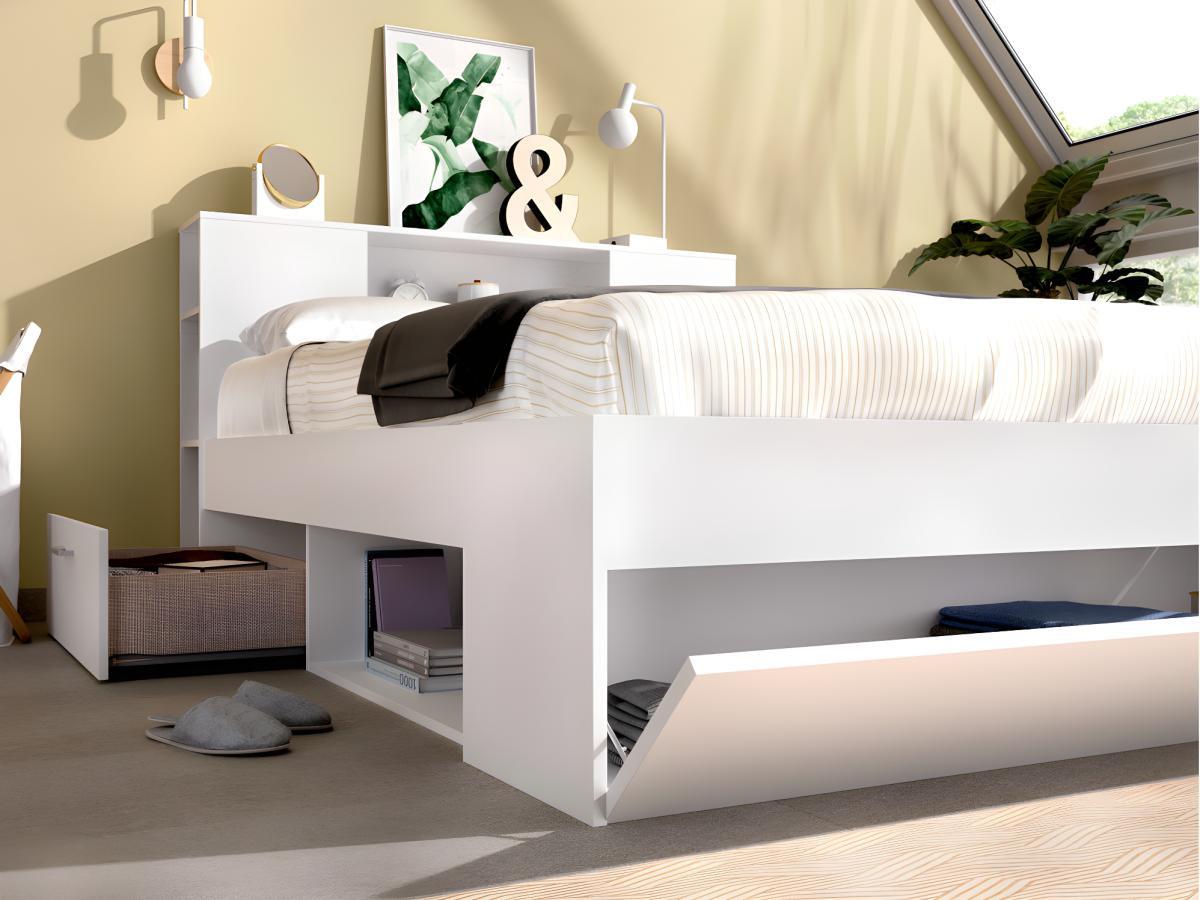 Vente-unique Letto con testata con vani portaoggetti e cassetti 140 x 190 cm: Bianco + Rete + Materasso LEANDRE  