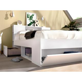 Vente-unique Letto con testata con vani portaoggetti e cassetti 140 x 190 cm: Bianco + Rete + Materasso LEANDRE  