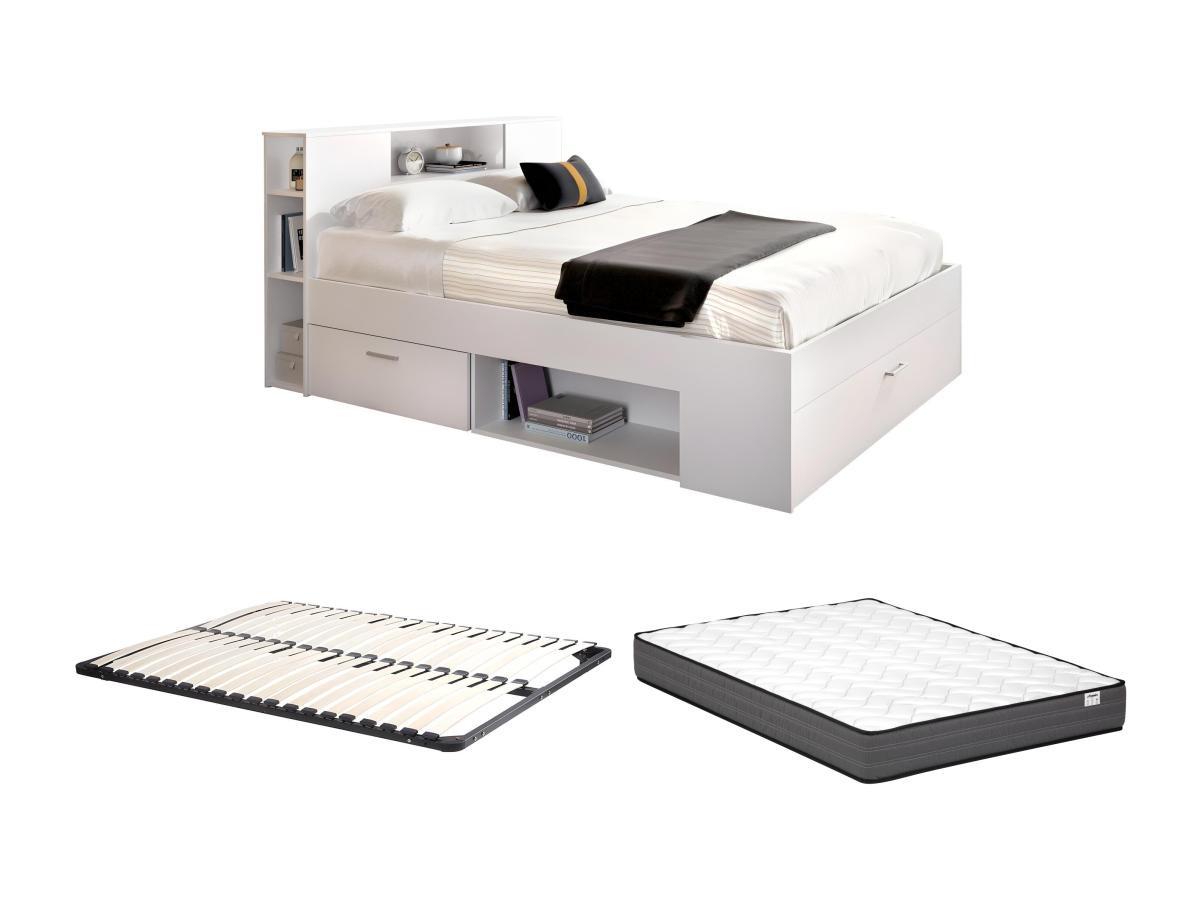 Image of Bett mit Stauraum & Schubladen + Lattenrost + Matratze - 140 x 190 cm - Weiß - LEANDRE Bett mit Stauraum & Schubladen + Lattenrost + Matratze - 140 x 190 cm - Weiß - LEANDRE
