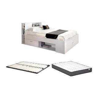 Vente-unique Lit avec tête de lit rangements et tiroirs - 140 x 190 cm - Coloris : Blanc + Sommier + Matelas - LEANDRE  