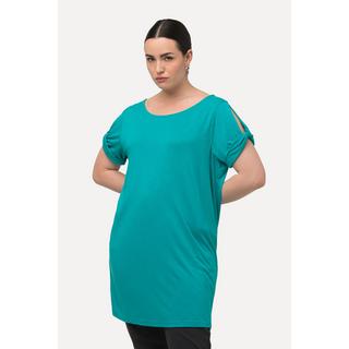 Ulla Popken  T-shirt con drappeggio, cut-out, scollo a girocollo e mezze maniche 