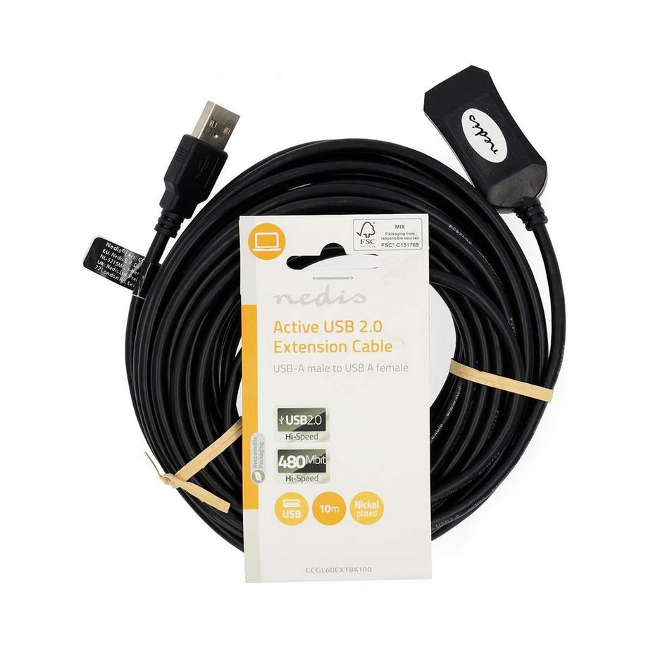 Nedis  Câble USB actif | USB 2.0 | USB-A mâle | USB-A femelle | 480 Mbps | 10.0 m | Rond | Nickelé | PVC | Cuivre | Etiquette 