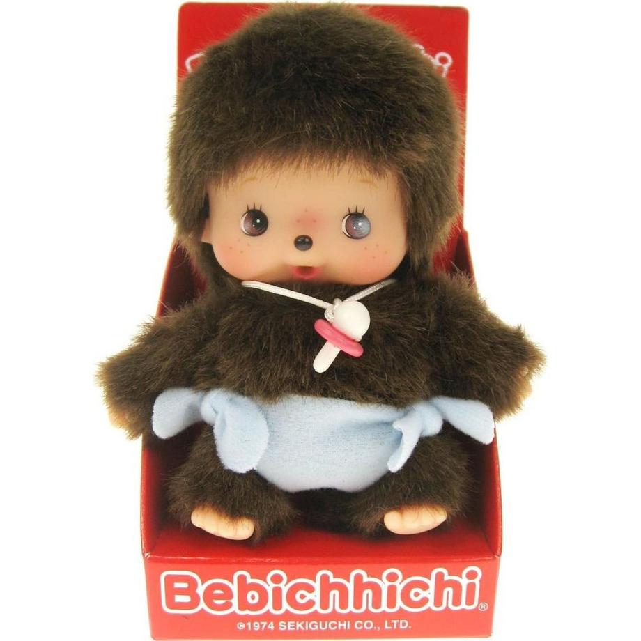 Monchhichi  Sekiguchi 235370 Original Bebichhichi Junge, aus braunem Plüsch, mit blauer Windel, ca. 15 cm 