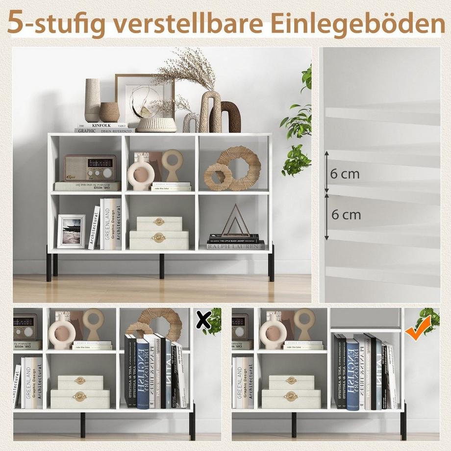 B2X Bücherregal mit 6 Fächern Standregal mit erhöhten Metallbeinen und verstellbaren Regalen 120 x 35 x 79,5 cm Weiß  