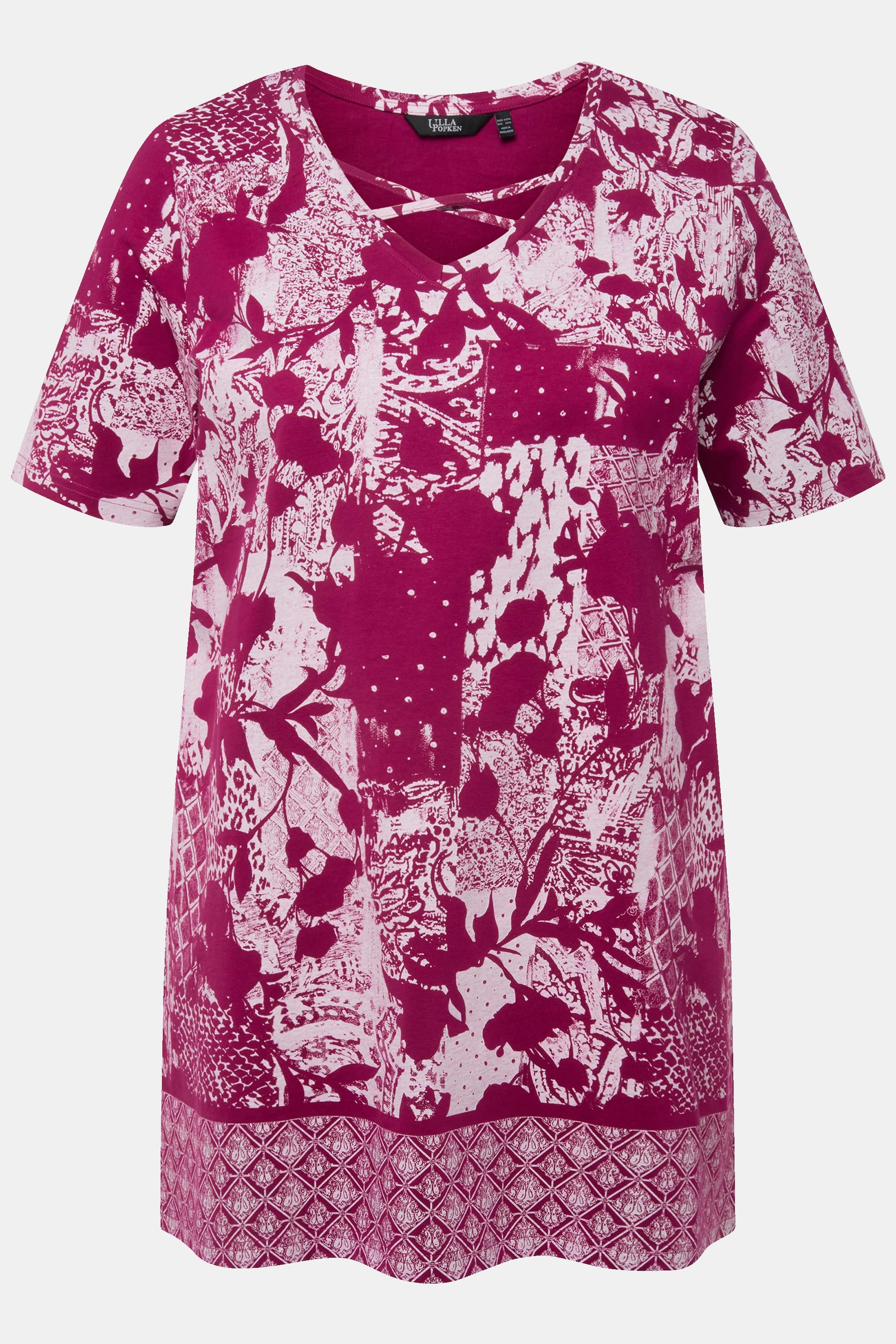 Ulla Popken  T-shirt con stampa patchwork, laccetti, scollo a V e mezze maniche 