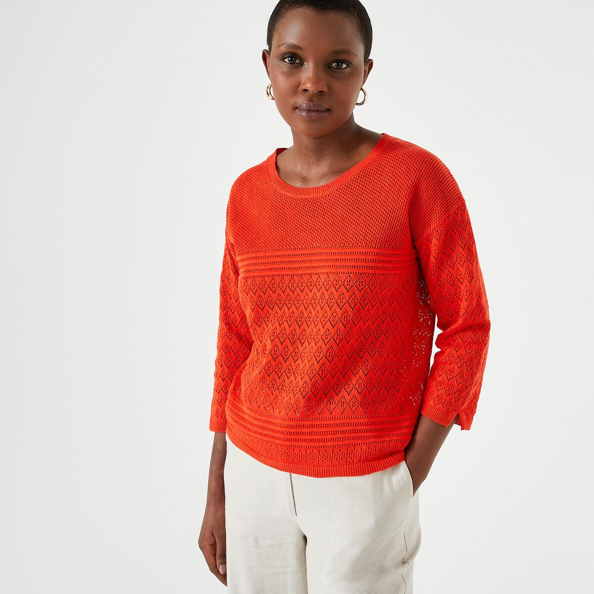 Image of Feinstrickpullover Mit Rundhalsausschnitt & Pointelle-muster Damen Orange 38