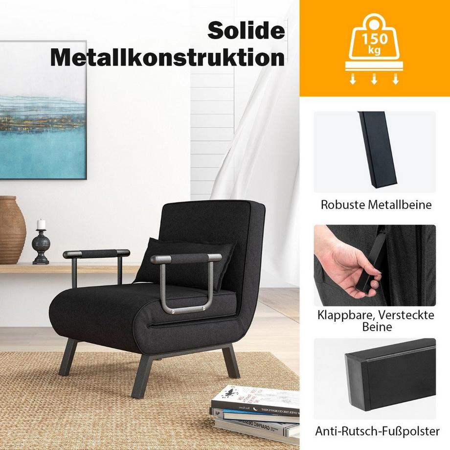 B2X Schlafsessel mit Bettfunktion Klappsofa Schlafsofa mit verstellbarer Rückenlehne & abnehmbarem Kissen Schwarz  