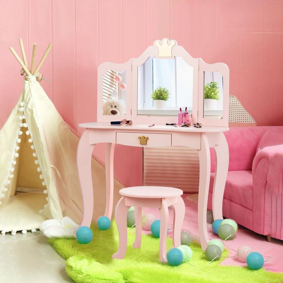 Northix  Coiffeuse enfant 2 en 1 avec tabouret et miroir amovible coiffeuse fille table miroir 80x42x105cm rose 