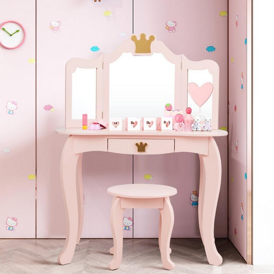 Northix  Coiffeuse enfant 2 en 1 avec tabouret et miroir amovible coiffeuse fille table miroir 80x42x105cm rose 