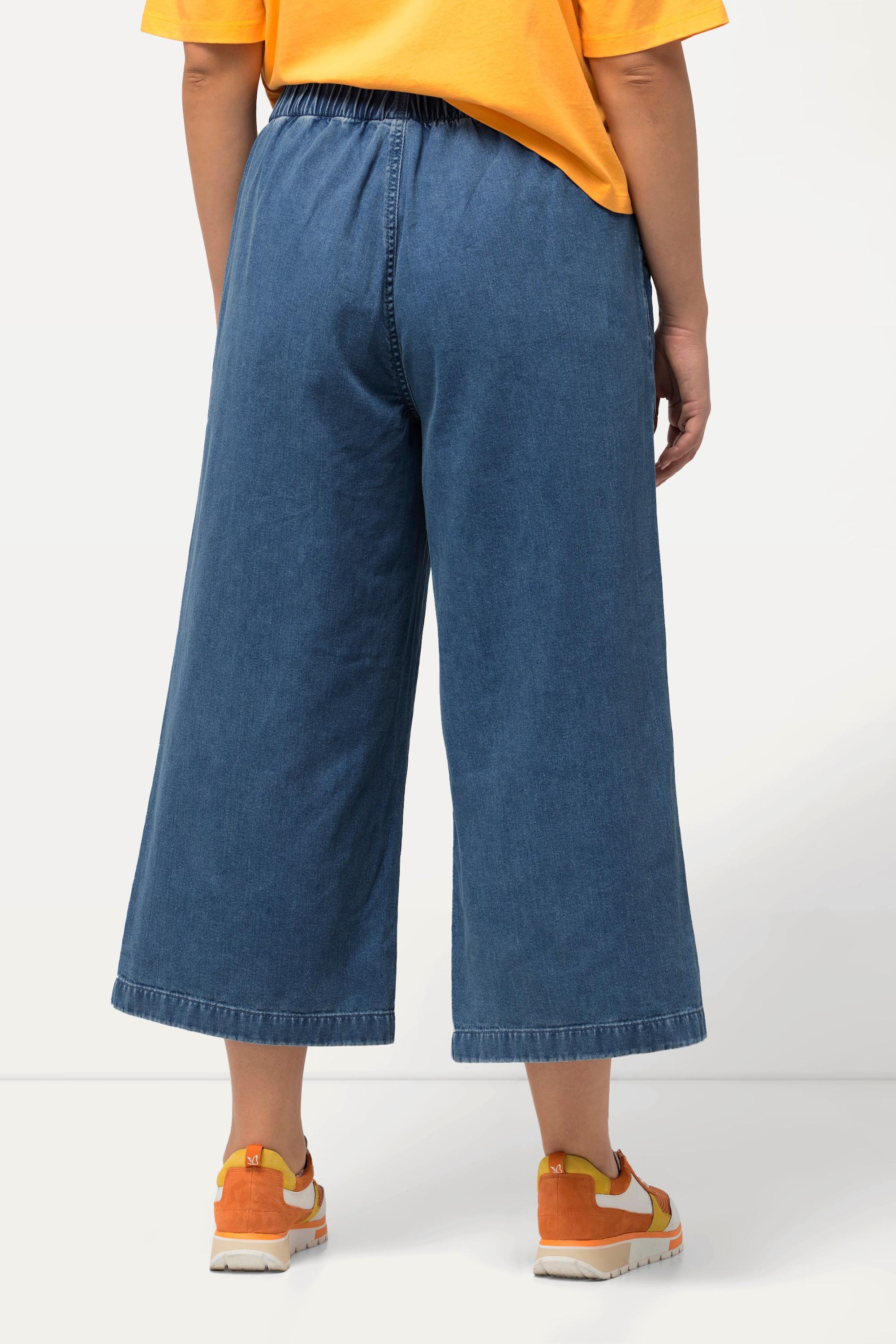 Ulla Popken  Femme Grandes tailles Pantalon Rose en lyocell mélangé à jambe large et taille élastique bleu jean 58+ 828057902-58+ 