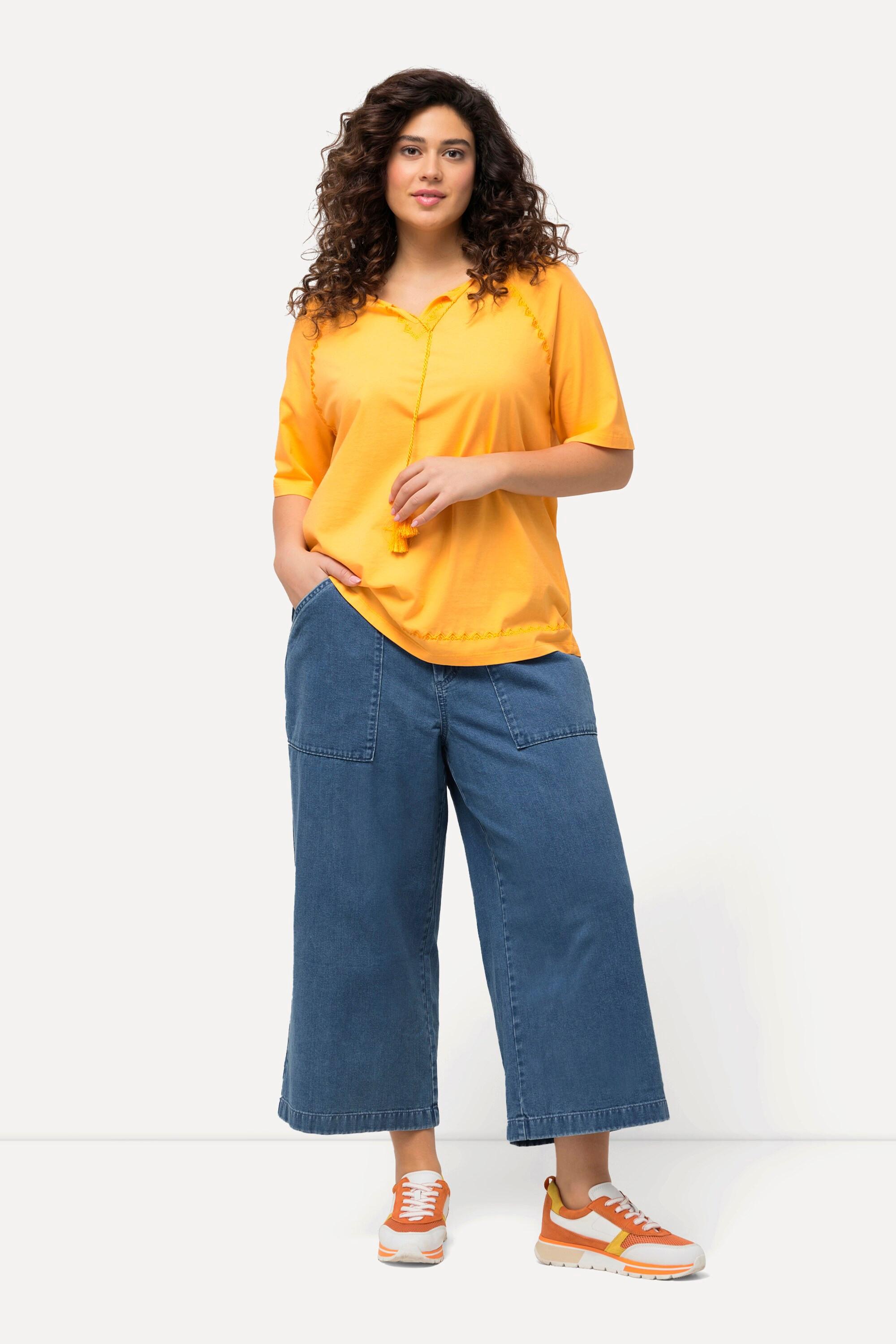 Ulla Popken  Femme Grandes tailles Pantalon Rose en lyocell mélangé à jambe large et taille élastique bleu jean 58+ 828057902-58+ 