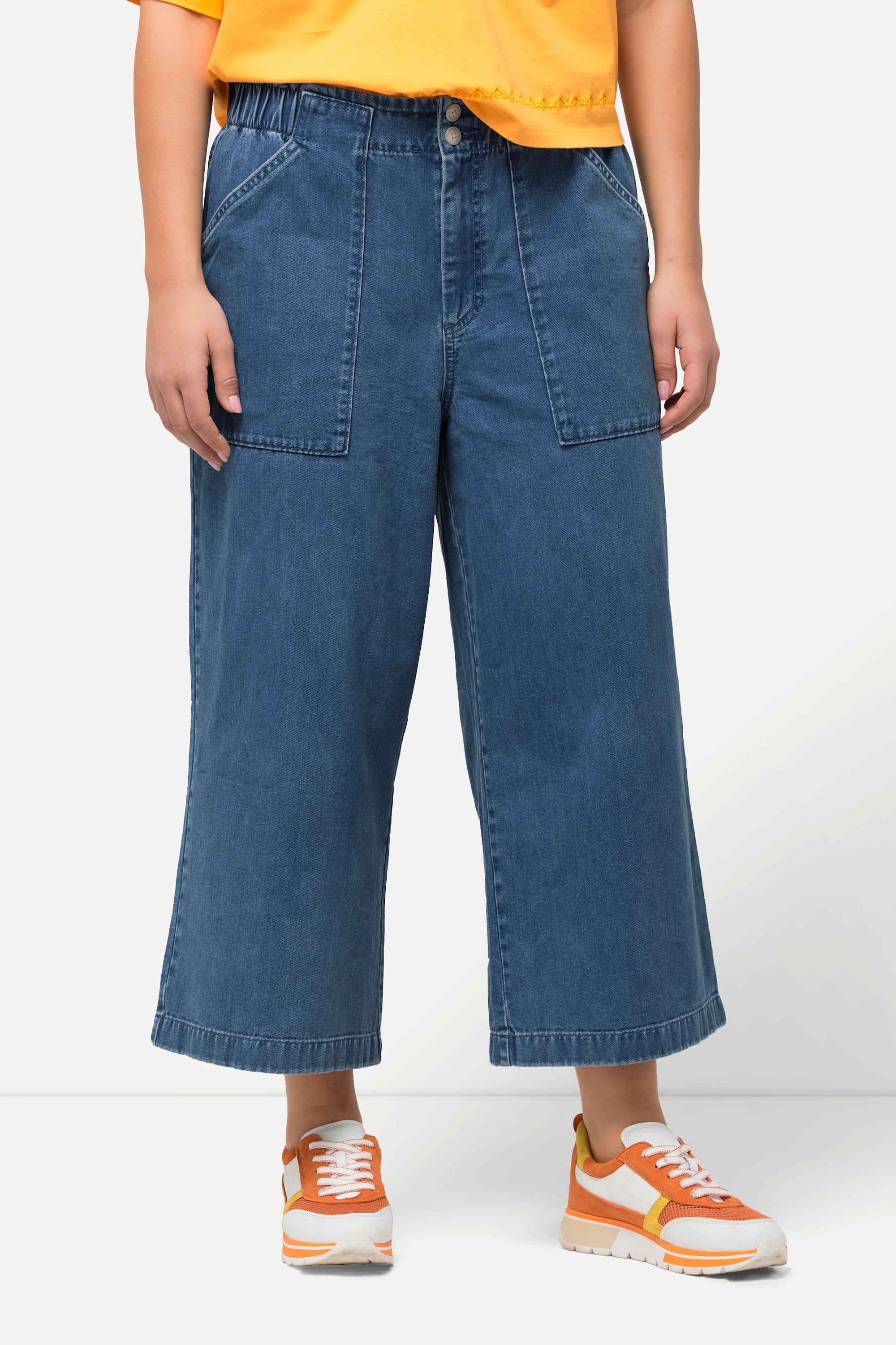 Ulla Popken  Femme Grandes tailles Pantalon Rose en lyocell mélangé à jambe large et taille élastique bleu jean 58+ 828057902-58+ 