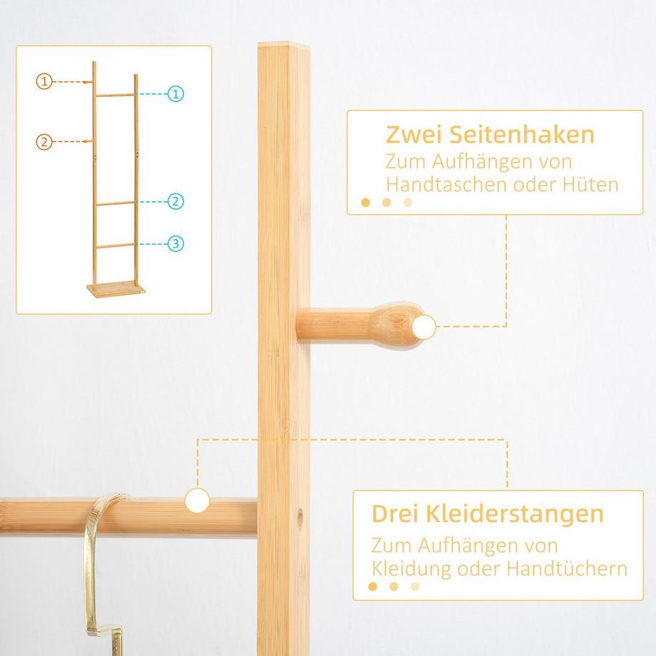 Northio Portemanteau portant avec 2 crochets et 3 tringles pour chapeaux et vêtements 36x24x168 cm en bambou naturel pour couloir et entrée  