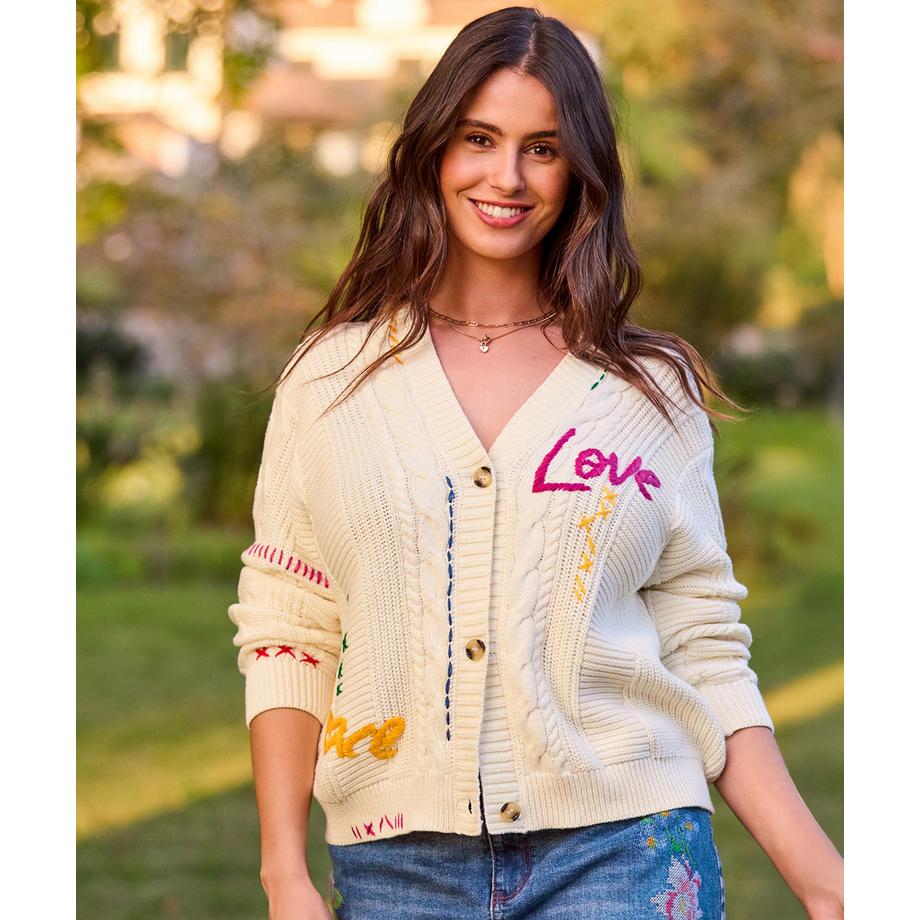Joe Browns Cardigan Oversize con Ricamo e Maglia a Treccia  
