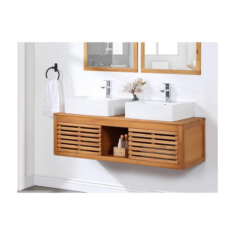 Vente-unique Meuble de salle de bain suspendu en bois d'acacia avec double vasque miroirs 1 PENEBEL  