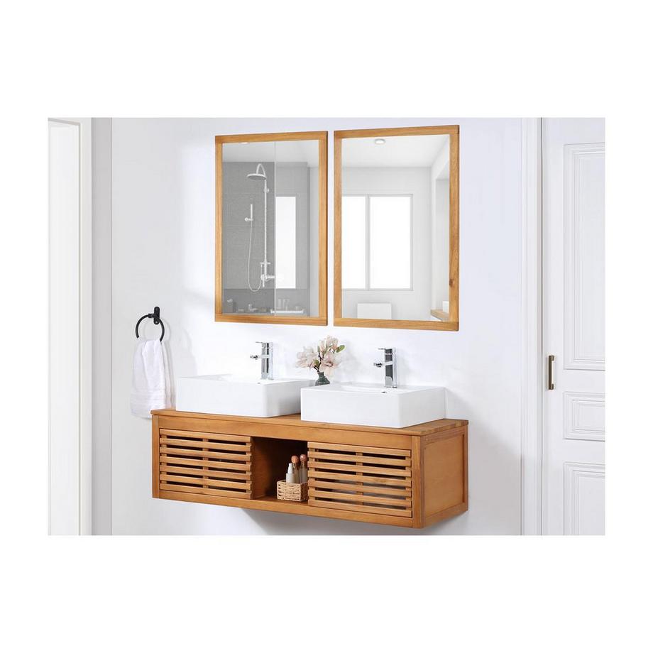 Meuble de salle de bain suspendu en bois d'acacia avec double vasque miroirs 1 PENEBEL