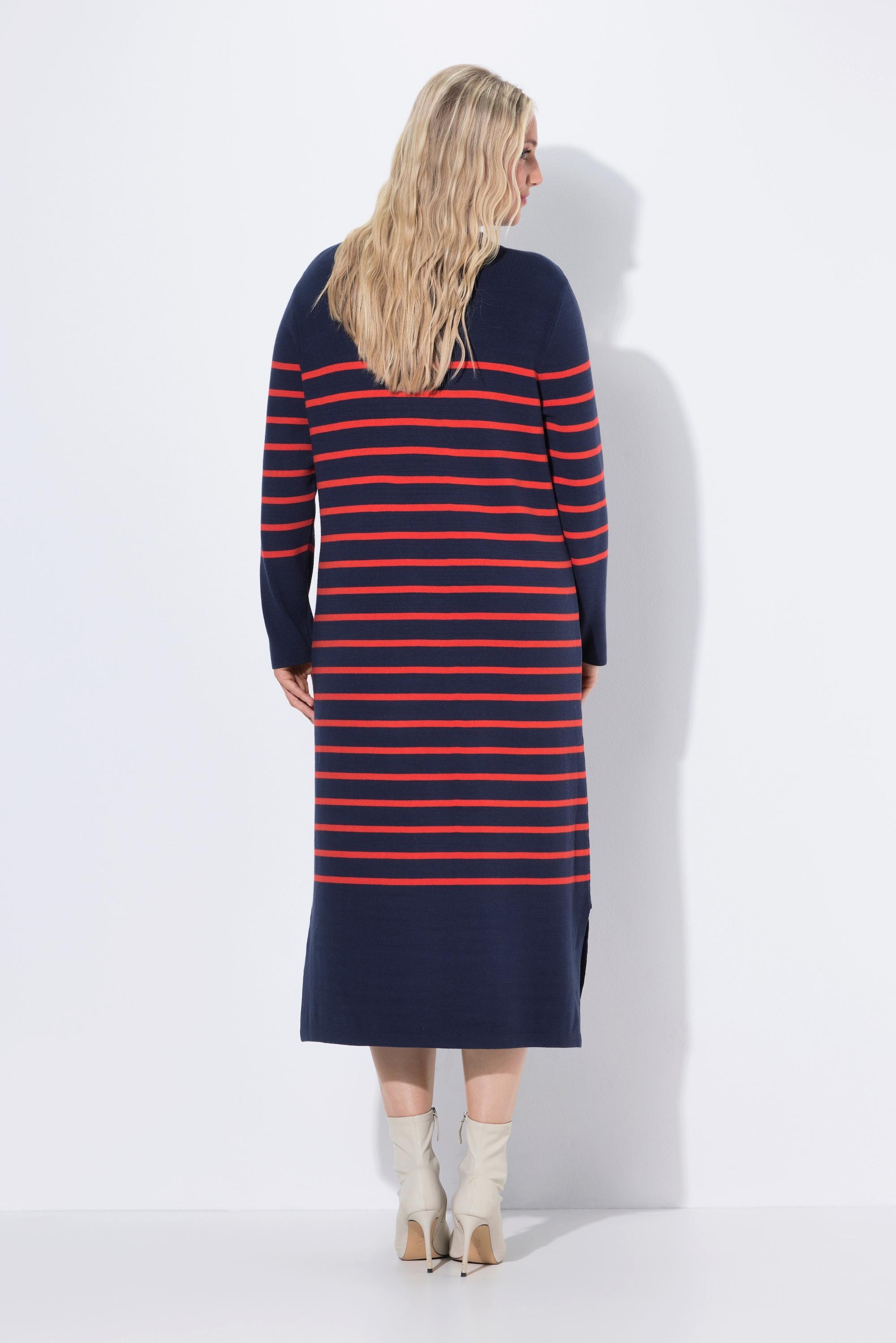 Ulla Popken Robe midi en maille rayée Col polo Encolure en V Manches longues  