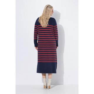 Ulla Popken Robe midi en maille rayée Col polo Encolure en V Manches longues  