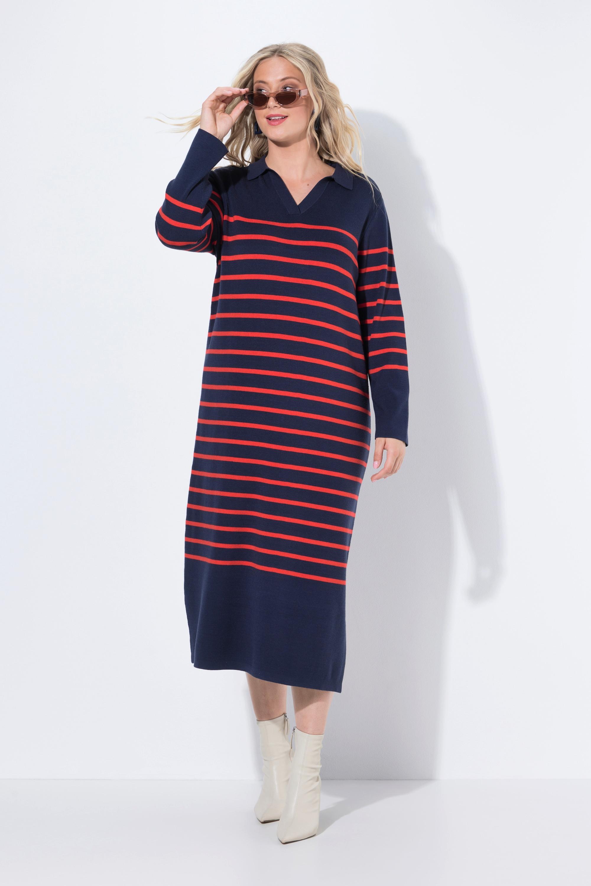 Ulla Popken Robe midi en maille rayée Col polo Encolure en V Manches longues  