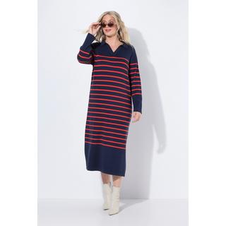 Ulla Popken Robe midi en maille rayée Col polo Encolure en V Manches longues  
