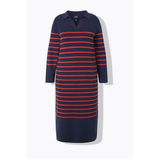 Ulla Popken Robe midi en maille rayée Col polo Encolure en V Manches longues  