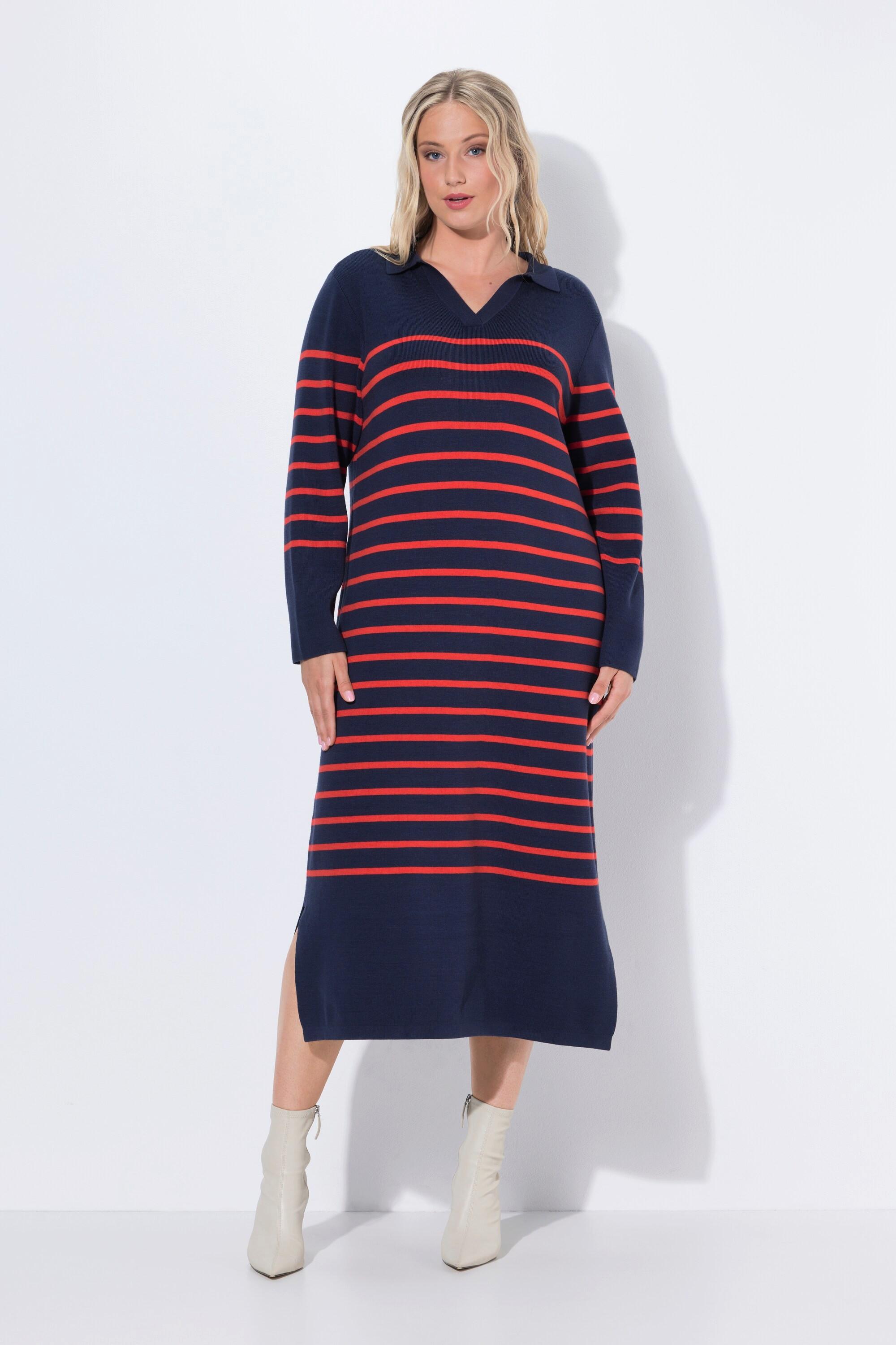 Ulla Popken Robe midi en maille rayée Col polo Encolure en V Manches longues  