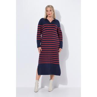 Ulla Popken Robe midi en maille rayée Col polo Encolure en V Manches longues  