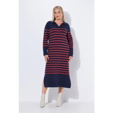 Robe midi en maille, col et encolure en V, manches longues et rayures