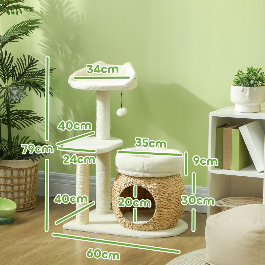 Northio  Arbre à chat 79 cm avec grotte pour chat, lit, balles de jeu, arbre à chat avec griffoirs en sisal, pour chats jusqu'à 5 kg, blanc crème 