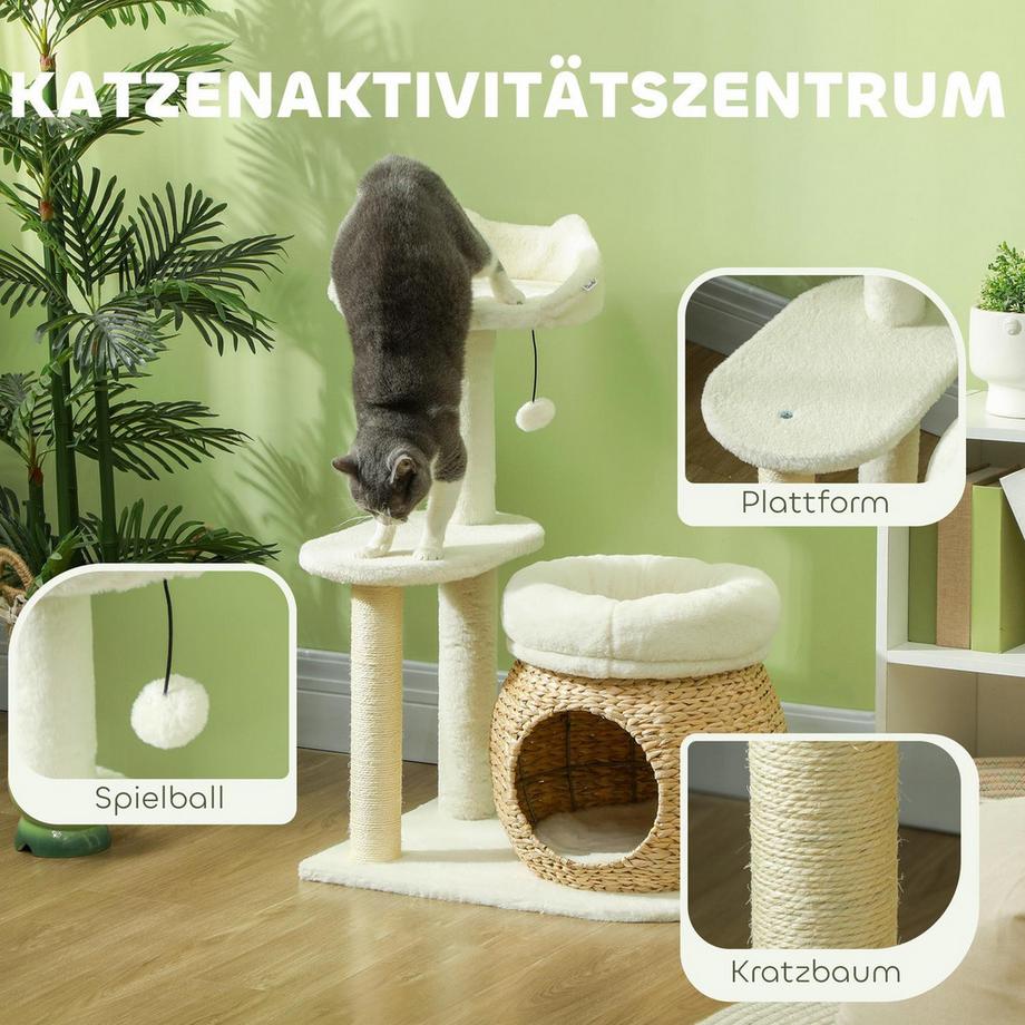 Northio  Arbre à chat 79 cm avec grotte pour chat, lit, balles de jeu, arbre à chat avec griffoirs en sisal, pour chats jusqu'à 5 kg, blanc crème 