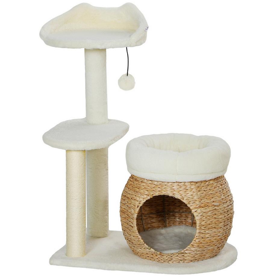 Northio  Arbre à chat 79 cm avec grotte pour chat, lit, balles de jeu, arbre à chat avec griffoirs en sisal, pour chats jusqu'à 5 kg, blanc crème 