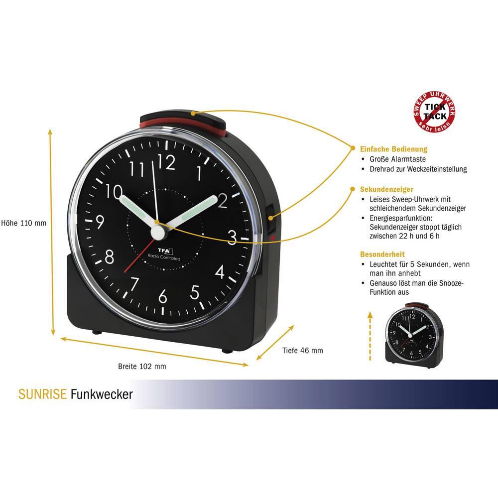 TFA Dostmann Radiocontrollato Sveglia Nero Fluorescente lancetta  