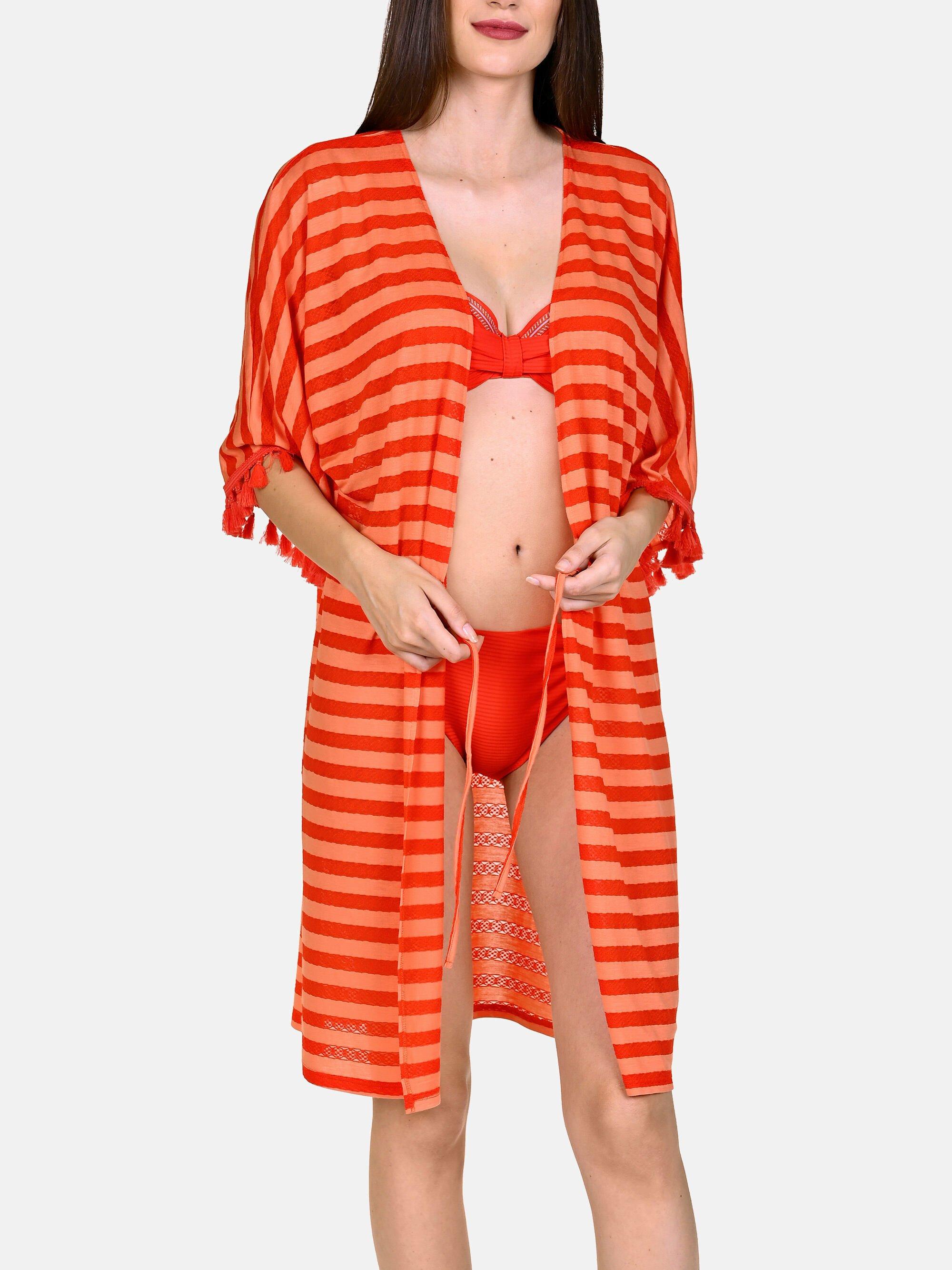 Image of Halbe Ärmel Offene Strandtunika Itala Marina Damen Rot Bunt M