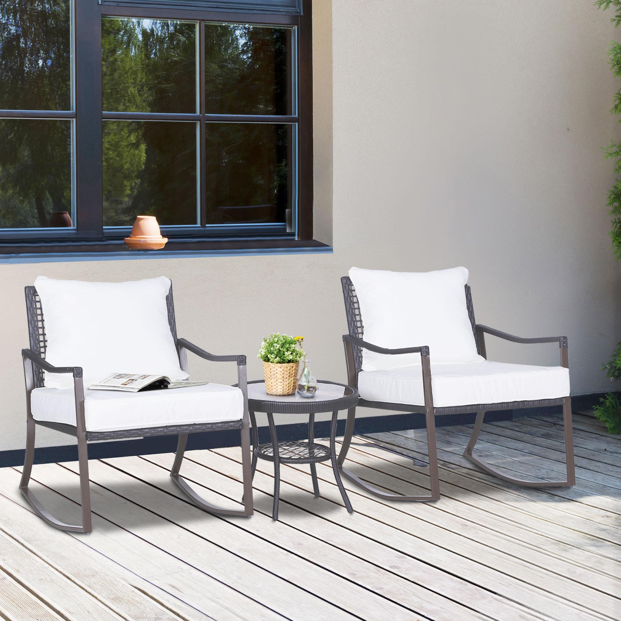 Northio Set Da Giardino Per 2 Persone Set Sedia A Dondolo Con Cuscino In Rattan Marrone + Bianco  