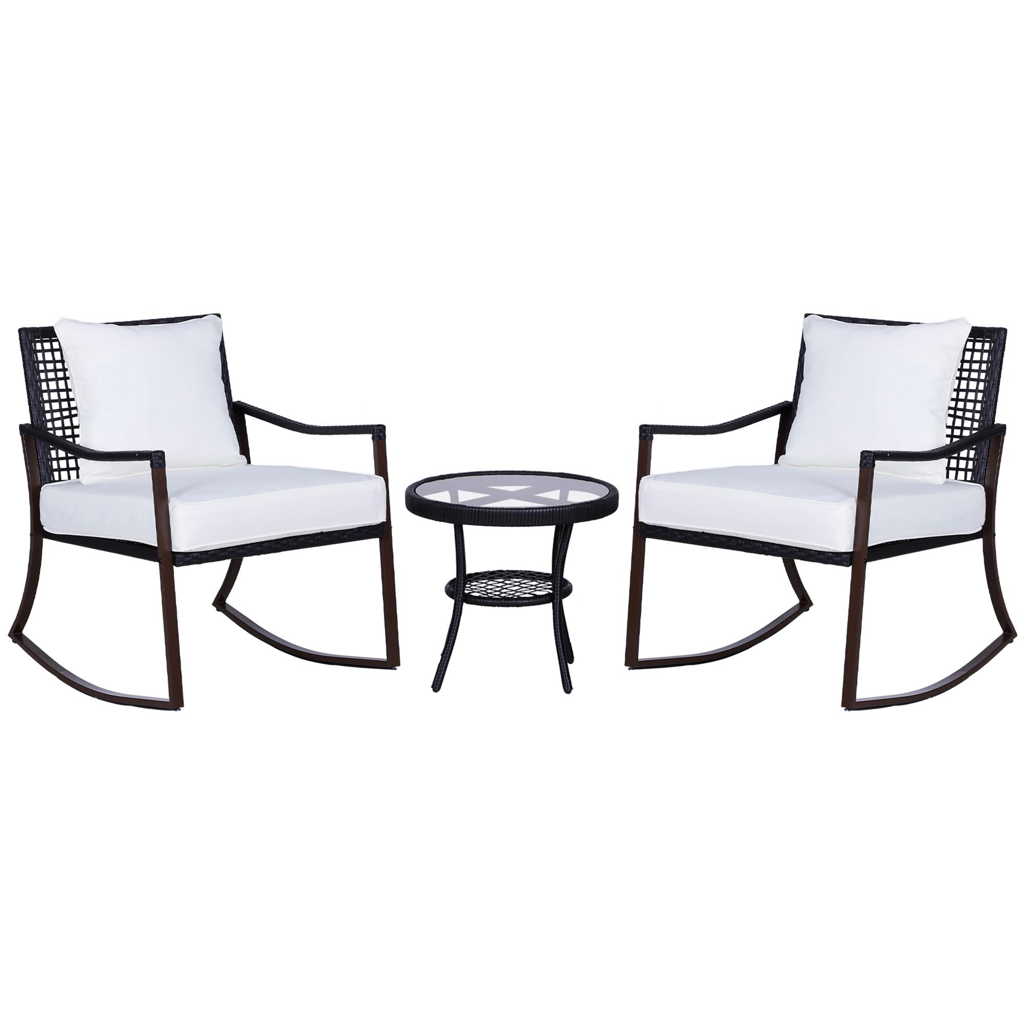 Northio Set Da Giardino Per 2 Persone Set Sedia A Dondolo Con Cuscino In Rattan Marrone + Bianco  